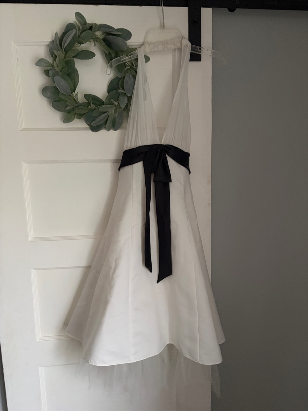 Roberta Bridal White Halter Cocktail Dress with Black Sash